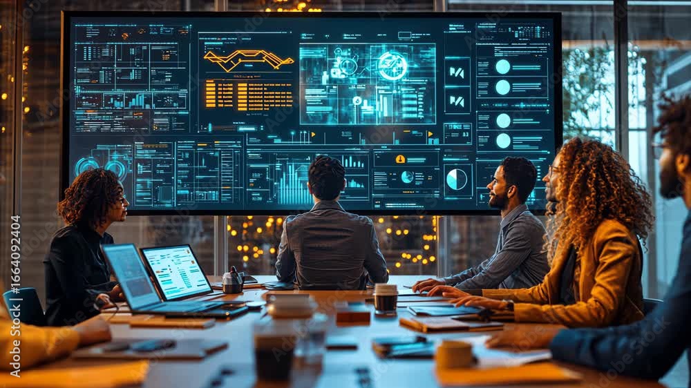Poster diverse professionals collaborate on data analysis in a high-tech meeting room setting