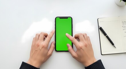 Top view of a person's hands interacting with a smartphone's green screen on a white office desk.