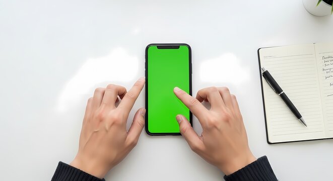 Top view of a person's hands interacting with a smartphone's green screen on a white office desk.