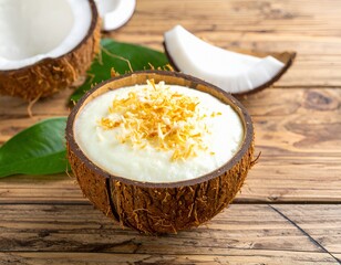 Coconut pudding served in a halved coconut shell, topped with shredded coconut, placed on a natural wooden table.