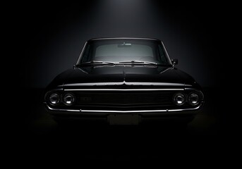 Sleek Black Classic Car Front View in Dark Studio Setting. Generative Ai