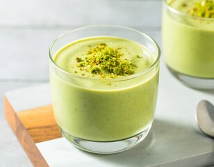 Matcha green tea pudding served in a transparent glass, dusted with vibrant matcha powder
