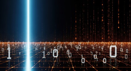 A futuristic digital landscape unfolds with a bright blue light beam cutting through a grid of glowing binary code and data streams