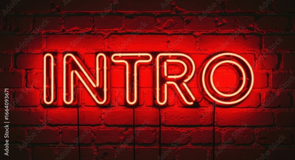 Poster A vibrant red neon sign displaying the word intro against a textured brick wall, creating a modern and eyecatching visual