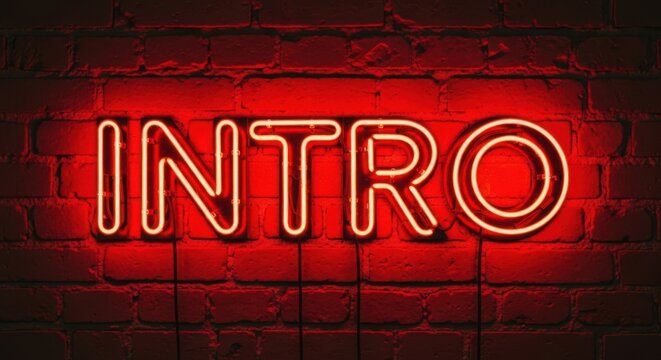 A vibrant red neon sign displaying the word intro against a textured brick wall, creating a modern and eyecatching visual