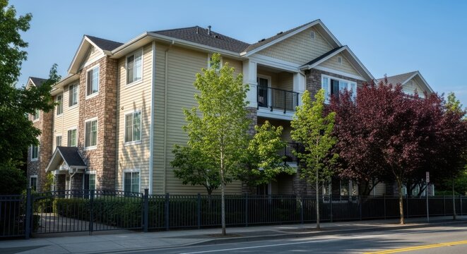 A modern apartment building with lightcolored siding and brick accents stands tall under a clear blue sky, surrounded by lush green trees and a dark fence