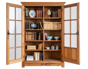 Tall Narrow Vintage Cabinet with Glass Panel and Exposed Shelves, Side-Angled View, Transparent Background