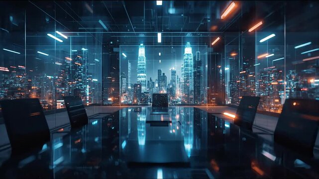 Futuristic cyber boardroom overlooking glowing digital cityscape at night