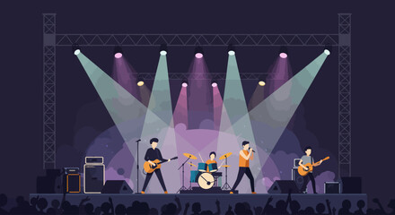 A sleek flat design illustration showcasing a rock band delivering an energetic performance on a large outdoor festival stage.