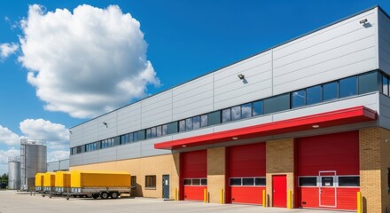 Obraz premium A modern industrial warehouse with red loading bay doors and yellow trailers parked outside under a bright blue sky with fluffy clouds