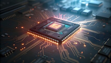 Close up of a glowing computer processor chip on a motherboard with intricate circuitry