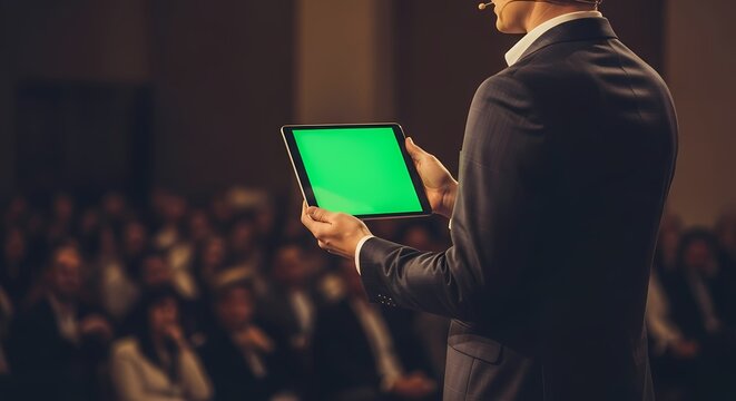 A businessman in a suit presents on stage to an audience, holding a tablet with a green screen.