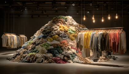 Chaotic pile of textile waste contrasts with neat clothing display on rack. Fast fashion environmental impact shown through excess materials, clutter, disposal. Sustainable choices needed for fashion