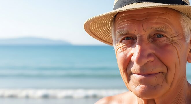 A senior man wearing a straw hat smiles warmly at the camera, with a serene beach backdrop out of focus.