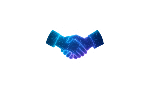 Futuristic neon blue and purple glowing handshake icon representing partnership agreement trust and collaboration with digital network connections isolated on transparent background
