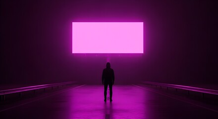 Obraz premium Silhouette - Futuristic Corridor, Glowing Pink Screen, Sci-Fi Mystery, Digital Interface, Unknown Pathway, Modern Technology, Future Journey