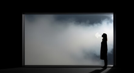 Obraz premium Silhouette in Empty Room - Stormy Window View, Solitude, Sadness, Dramatic Atmosphere, Lonely Figure, Contemplation, Rainy Day, Mood