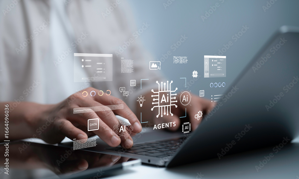 Poster businessman using laptop with digital ai interface, symbolizing artificial intelligence, machine lea
