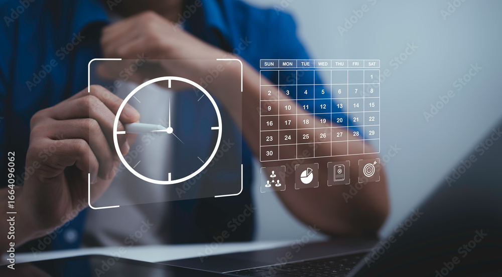Poster businessman using laptop and stylus with digital clock and calendar interface, representing time man