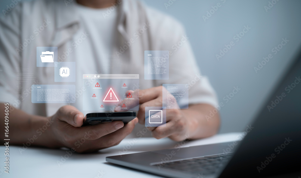 Poster businessman using smartphone and laptop with digital warning alert, representing cybersecurity risk,