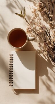 A beige-toned flatlay featuring a cup of tea, a blank spiral notebook, and dried floral sprigs, all cast in sunlight