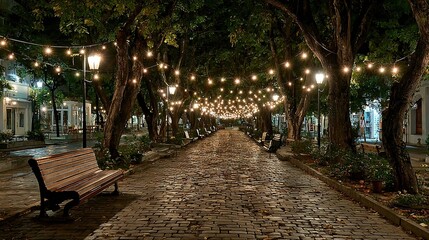 Obraz premium Night Time Scene at Empty Park Under String Lights, Calm Neighborhood with Community Atmosphere and Peaceful Environment