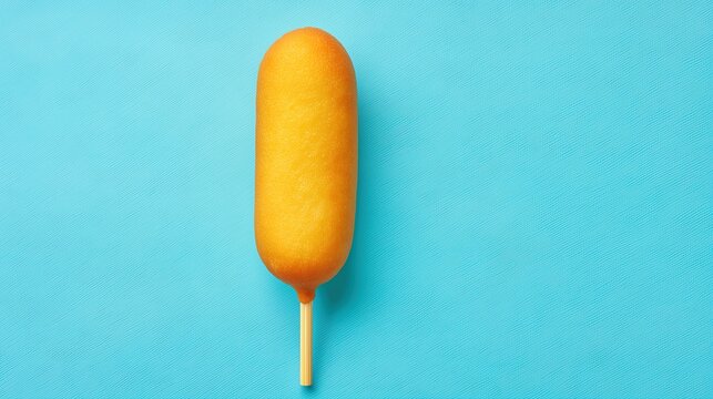Golden corn dog on stick against vibrant blue background
