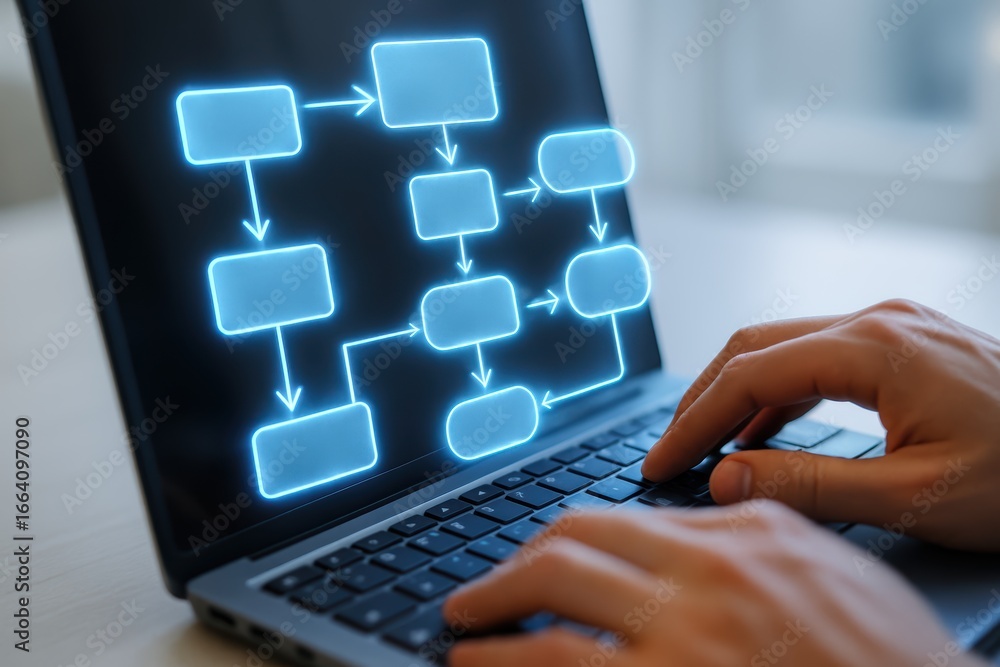 Poster blueprint of technology: a modern laptop displays a glowing flowchart on its screen. the hands of th