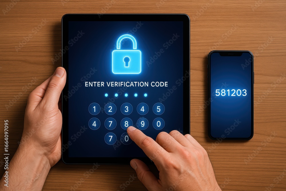 Aufkleber digital security verification: hands interacting with a tablet interface, securing a mobile phone th