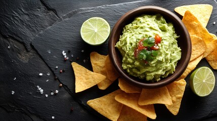 Delicious guacamole with tortilla chips and lime on black slate background