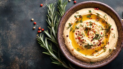 Rich creamy hummus with olive oil, herbs, and spices in rustic bowl