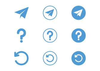 Question mark help symbol, paper plane send icon, and refresh reload vector design collection
