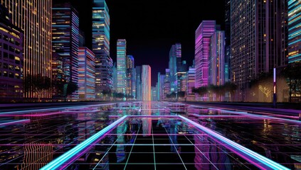 Neon cityscape avenue at night, futuristic city street