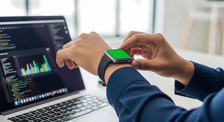 A developer checks their smartwatch with a green screen while working on code and data graphs on a laptop.