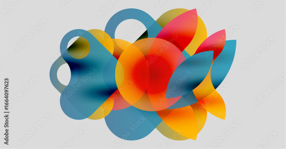 Poster abstract composition. overlapping colorful circles create dynamic visual effect. soft gradients, mod