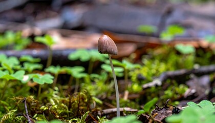 Obraz premium A small, brown mushroom stands tall amidst greenery and forest debris, showcasing the intricate details of the natural world.