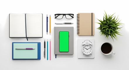 Top-down view of a neatly organized desk with office supplies, a green screen smartphone, and coffee.