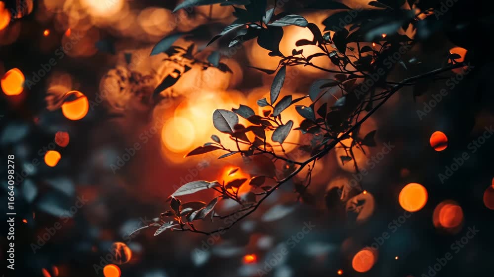Poster enchanting nature scenery with bokeh lights and lush foliage creating a warm and magical ambience