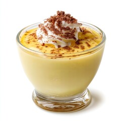 Creamy vanilla pudding topped with whipped cream and chocolate shavings in glass dish