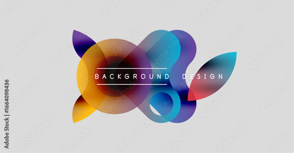 Poster abstract colorful shapes overlap, creating dynamic visual effect. background features gradients, mod