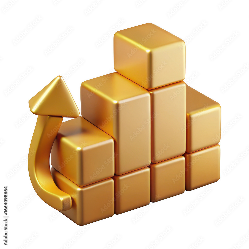 Poster golden 3d blocks forming a rising bar chart with an upward arrow indicating growth and success isola