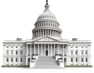 Detailed Front View of United States Capitol Building, Classical White Architecture PNG on Transparent Background