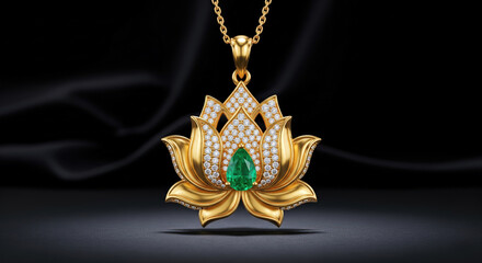 A luxurious gold lotus flower pendant with diamonds and an emerald on a dark background, jewelry photography