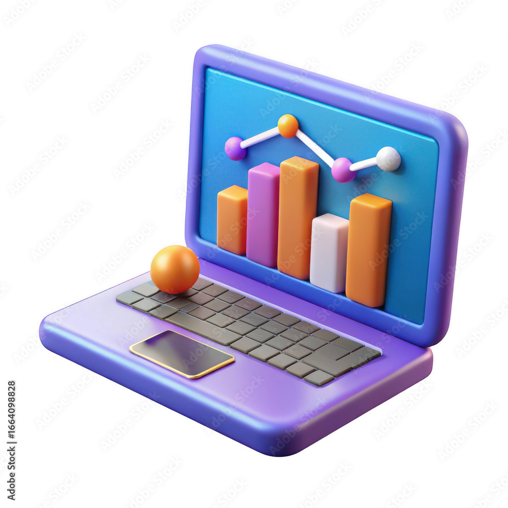 Poster modern 3d laptop displaying a colorful bar chart with a growth trend line isolated on transparent ba