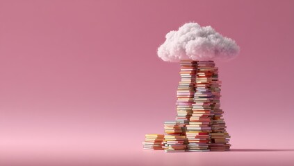 A fluffy white cloud hovers atop a tall, colorful stack of books against a pink background; a few books lay scattered at the base