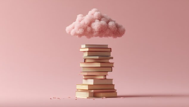 A fluffy pink cloud hovers above a tall stack of books resting on a pale pink surface, a few stray book fragments scattered below