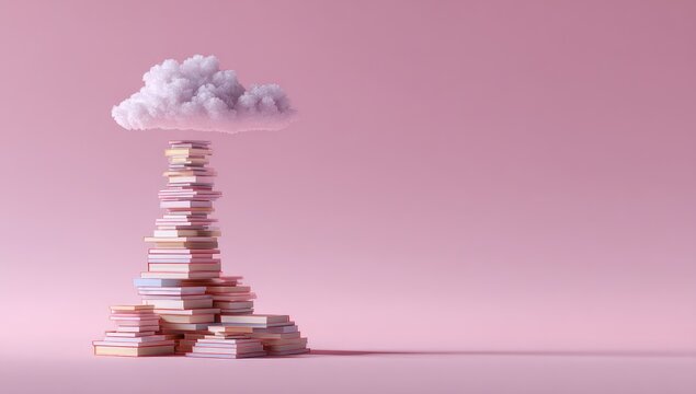 A fluffy white cloud hovers above a tall stack of pastel-colored books on a pink background, suggesting a concept of cloud storage or digital libraries