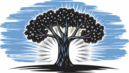 Illustration of a stylized tree with dark foliage against a blue and white background design element silhouette