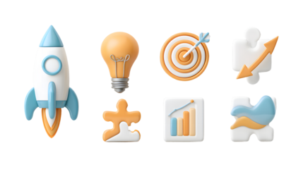 3D Rendered Startup Icons Rocket Lightbulb Target Growth and Puzzle Pieces.