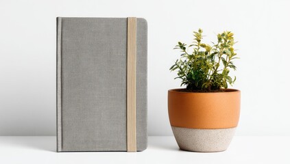 A gray cloth-bound notebook with a tan elastic closure sits beside a small potted plant with vibrant green leaves in a terracotta pot on a white surface